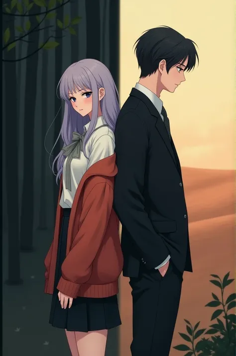  The woman has light lavender-colored, long, wavy hair .  The man is wearing a black one .  the mans silver white shirt and black tie , Also, its a long black suit .  The man has dark circles on his eyes, , Looking down slightly .  The man has short black ...