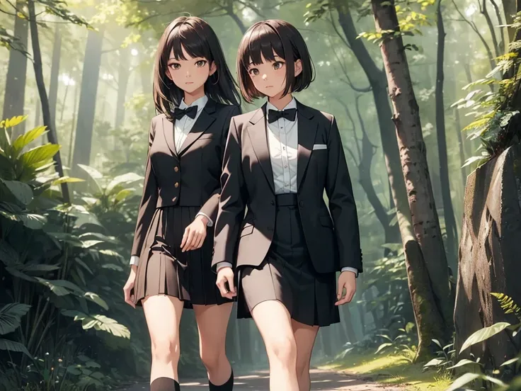 ((best quality)), ((masterpiece)), (detailed), 1girl, asian young woman, short bangs, brown hair, brown asian eyes, feminine, bowtie, black tuxedo jacket, black dress skirt, short white socks, fancy black shoe, walking in a forest