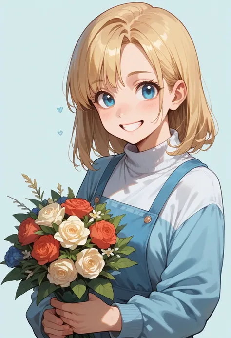 girl, blonde, holding a bouquet, smiling, bright, cute, masterpiece, best quality, ultra detailed,light blue background, flat background