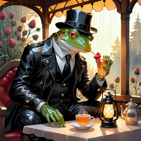 Closeup, An extremely badass anthropomorphic light blue and white bullfrog wearing an insanely cool black leather biker jacket open, black fedora, black leather biker gloves, black leather biker pants, sitting amidst autumnal Scottish thistles, golden sunl...