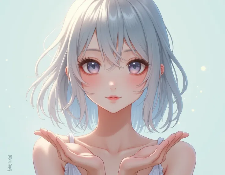  a close up of a woman wearing a white shirt and gray hair, kawaii realistic portrait, silver-haired girl, silver-haired girl, Chica perfecta de pelo blanco, hyper realistic anime, semi realistic anime, girl with white hair, realistic young anime girl, pre...