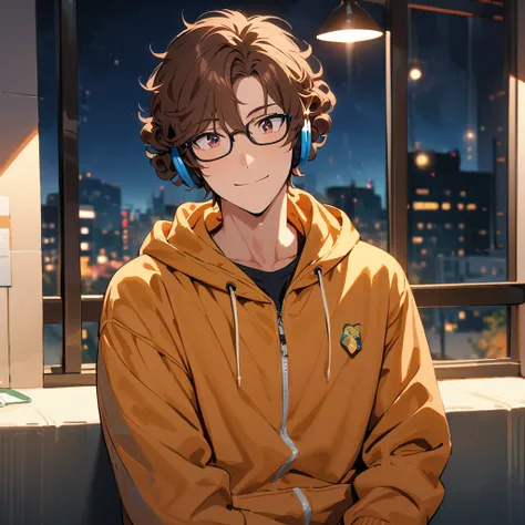   Ultra-fine,masterpiece, Awards, Best Quality ,1 person, handsome man  , looking over here,Brown Hair,23 years old,Glasses,Introvert,moonlight,Cafeteria at night,    short hair, Curl perm,  The best smile ,   hoodie,  headphones,