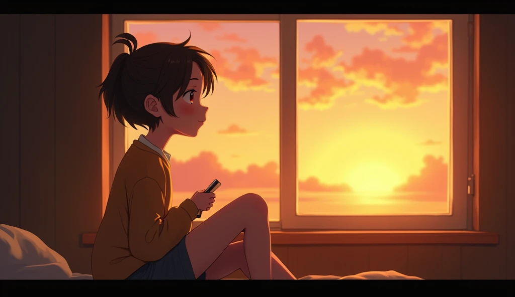 Prompt**: A cozy, warmly lit room where a young, animated character sits by a window at dawn, holding a small notebook or letter, lost in thought. The character’s expression is peaceful and reflective, with a slight smile. Outside the window, a golden sunr...