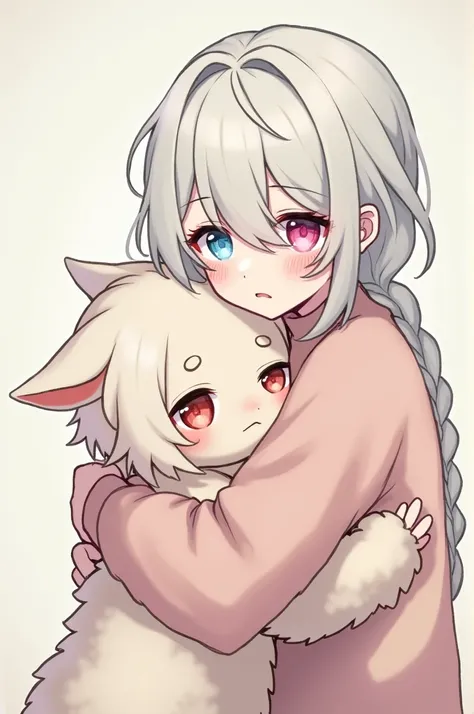   albino male ,  with wavy and fluffy hair up to his ears and with a braid back .  He has a blue eye and a pink eye and wears a pink and beige sweater and is being hugged by Victor from the game identity v(cute anime version ) 