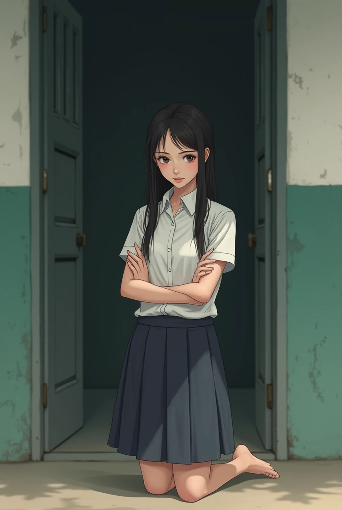 Vietnamese college girl student wearing ill-fitting pencil skirt and blouse as uniform kneeling straight with arms crossed outside classroom
