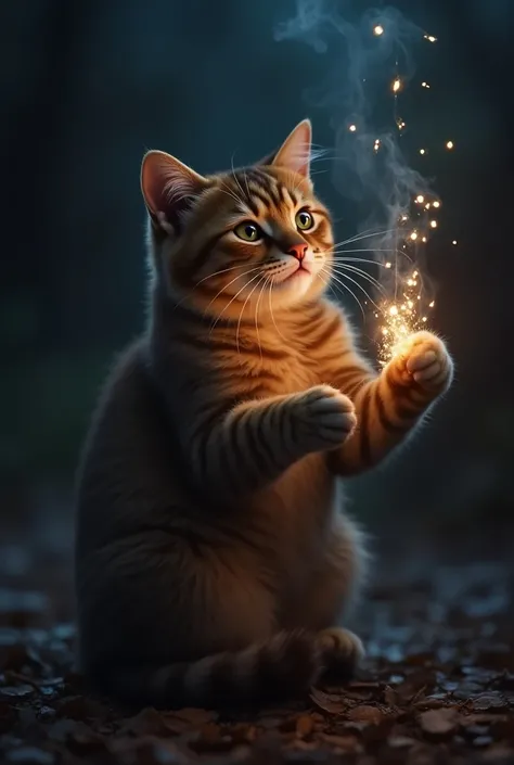 cat casting a spell. With lights flickering 