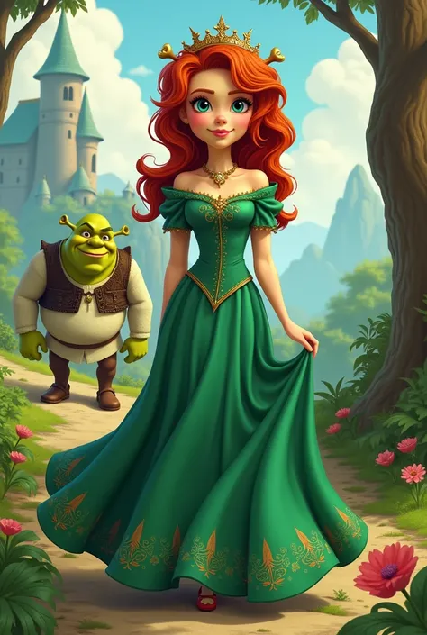 A cartoon picture of Princess Fiona wearing a green dress with hair like meroon and Shreshk in the distance.