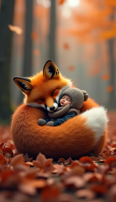 A hyper-realistic digital rendering of a tiny human , no larger than a thumb, snuggled on the soft, thick tail of a giant red fox. The , wrapped in a miniature scarf, lies on the tail with a cozy expression. The fox’s vibrant red fur and watchful gaze add ...