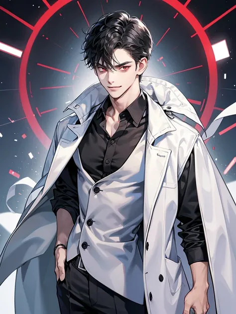 boy with red eyes, black short hair. he thin. scientist uniform. Background laboratory scenery. smirk. antagonist expression. wear t shirt and white coat like a scientist. 