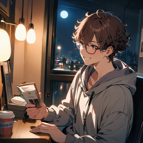   Ultra-fine,masterpiece, Awards, Best Quality ,1 person, handsome man  , looking over here,Brown Hair,23 years old,Glasses,Introvert,moonlight,Cafeteria at night,    short hair, Curl perm,  hoodie,  headphones,Grin, 