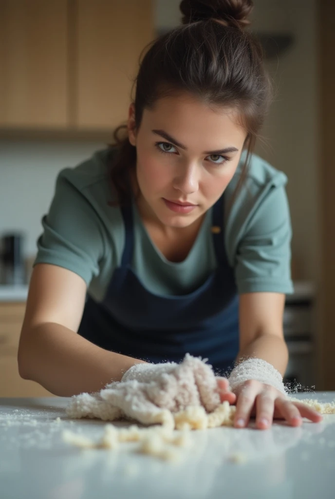 Show a person (you, if it’s a personal video) actively cleaning, dusting, or organizing something like a table, counter, or vacuuming the floor. Ensure that the facial expression shows determination or focus to reflect the idea of "working hard."