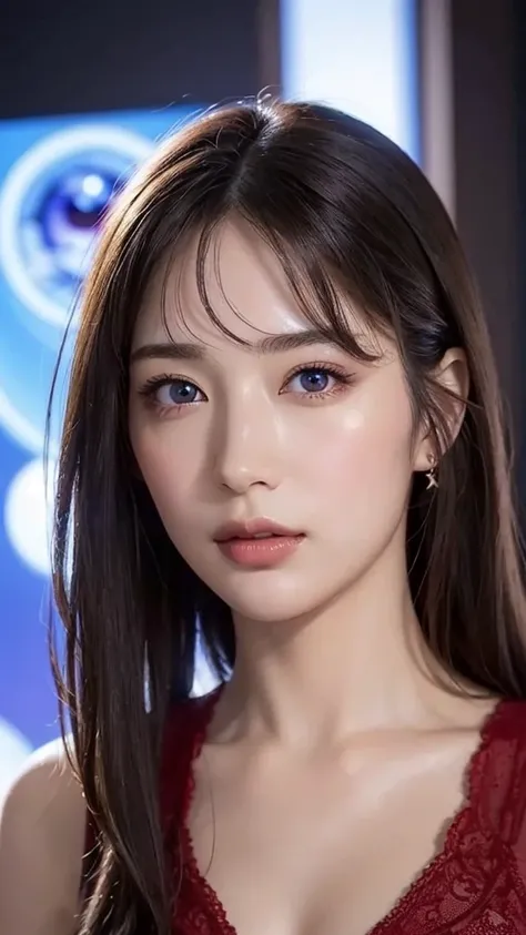 Best Quality, 4K,  down in high resolution, masterpiece:1.2, Super detailed, (Realistic, Realistic, Realistic:1.37), Vibrant,  eyes are shining、Strong gaze，Eyes Shining、Seductive eye contact， fiery red iris，deep shining star ，Sparkling Eyes，  Vivid Colors，...