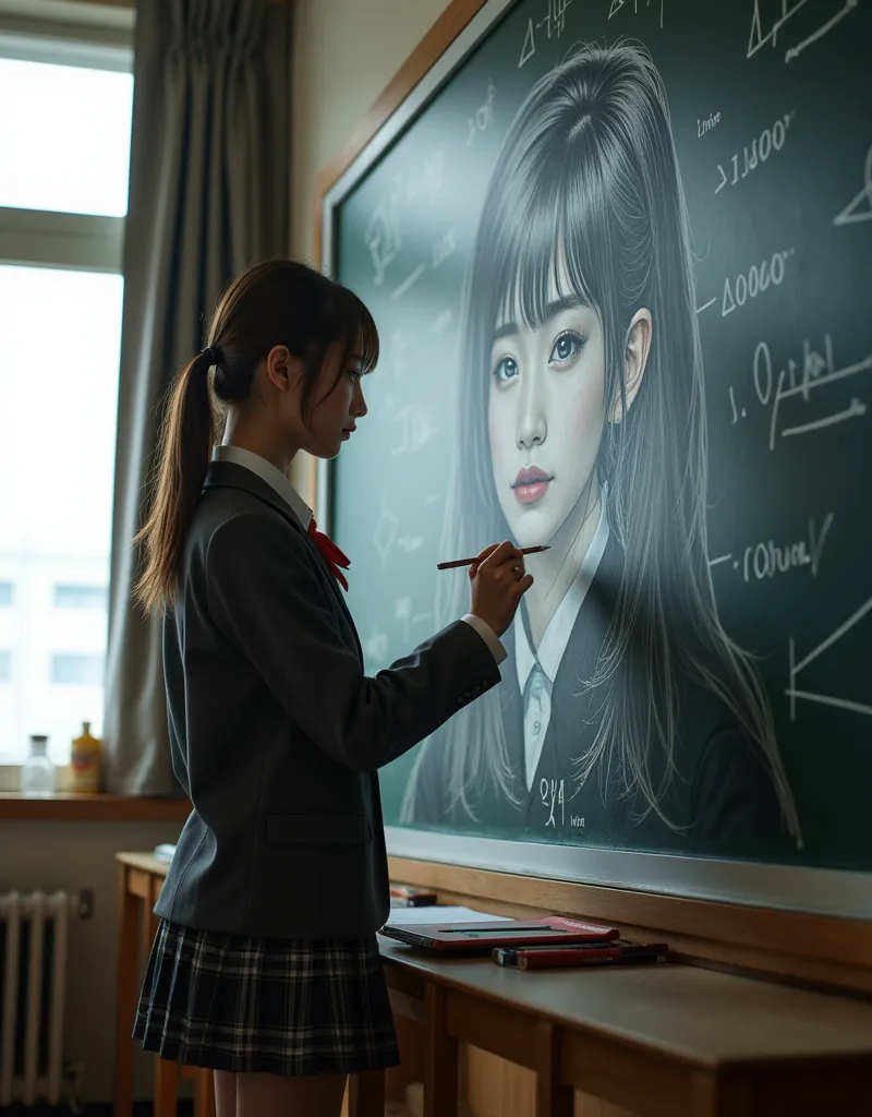 ultra-realistic, photorealistic, dramatic scene, shadow, global-illumination, solo, (20 years old Japanese famous idol girl:1.5), very beautiful fragile Japanese girl, very beautiful with very cute but boyish cool face, she is Japanese high school student, (wearing a gray colored Japanese high school cute uniform of white shirt with blazer and skirt, red ribbon:1.2), at high school classroom, She draws very realistic self-portraits on a large blackboard using only chalk, window with curtain, A magnificent work using the blackboard as a canvas, many difficult integral formulas for mathematics are on the blackboard, 