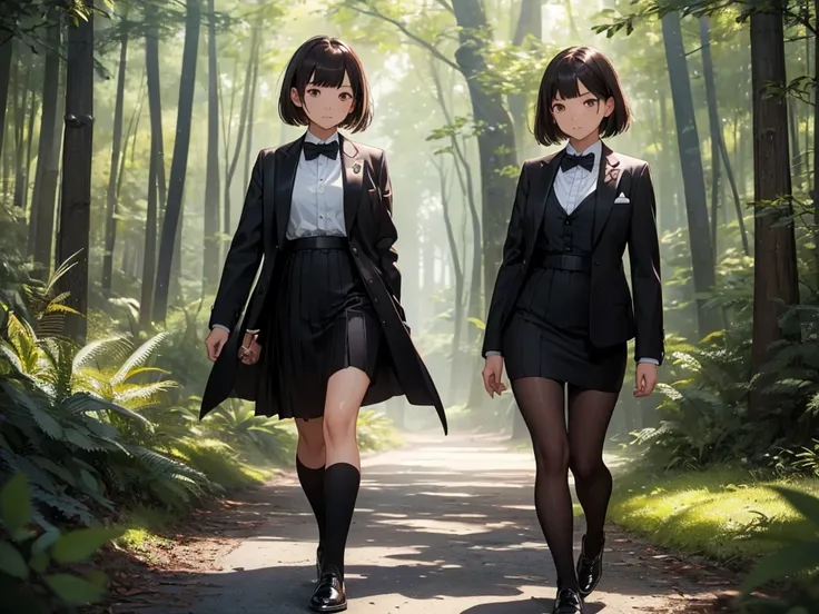 ((best quality)), ((masterpiece)), (detailed), 1girl, asian young woman, short bangs, brown hair, brown asian eyes, feminine, bowtie, black tuxedo jacket, black dress skirt, short white socks, fancy black shoe, walking in a forest, scared body language, cr...