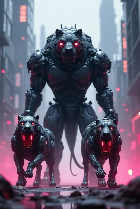 A huge black dog with armed gun and huge body.Futuristic Lions Cyborg, mechanical Lions, Robots, Niji Art, Best quality, Masterpiece,