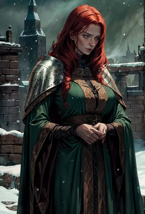 medieval dark fantasy, extremely thin old female gobernor, hungry noble woman, hoary redhead mane, green noble clothes, snowy medieval city in background