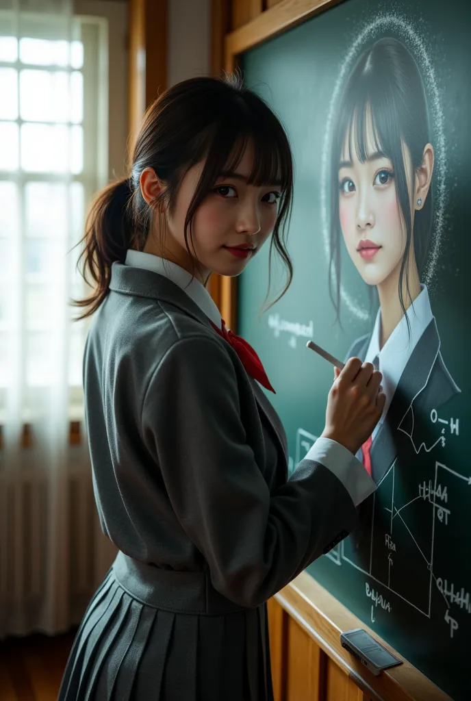 ultra-realistic, photorealistic, dramatic scene, shadow, global-illumination, solo, (20 years old Japanese famous idol girl:1.5), very beautiful fragile Japanese girl, very beautiful with very cute but boyish cool face, she is Japanese high school student, (wearing a gray colored Japanese high school cute uniform of white shirt with blazer and skirt, red ribbon:1.2), at high school classroom, She draws very realistic self-portraits on a large blackboard using only chalk, holding a chalk, window with curtain, A magnificent work using the blackboard as a canvas, many difficult integral formulas for mathematics are on the blackboard, looking back and smile