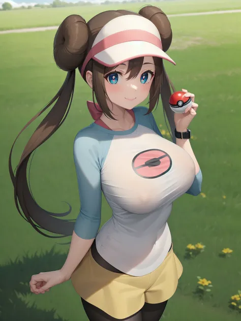 masterpiece, best quality, highres, ro1, hair bun, blue eyes, twintails, visor cap, pantyhose, raglan sleeves, yellow shorts, shirt, pink bow, wristwatch, standing, cowboy shot, field, poke ball (basic), smile, huge nude big breats
