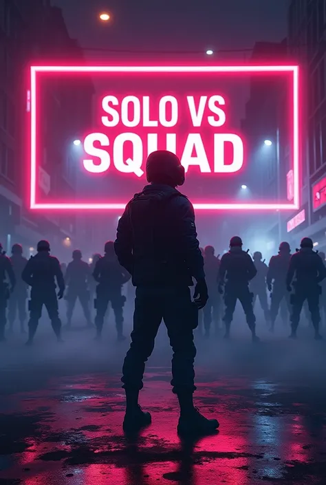 Create a youtube thumbnail of 16:9 ratio including neon frame and written solo vs squard in neon font for freefire