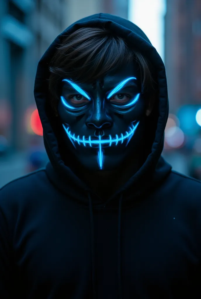 cyberpunk mask design a close up of a person wearing a mask in a dark room, glowing eyes, in an alleyway during the purge, elabo...