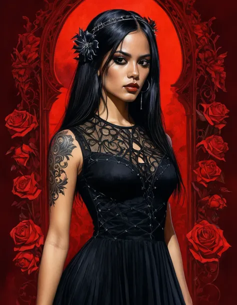 Masterpiece, ultra detailed, portrait, solo, 1girl, ohwx woman, Latina, tanned skin, long hair, black hair, thin and athletic, black eyes, small frekles, wearing beautiful black dress with lances, art by Enki Bilal, watercolor, DeviantArt, high resolution,...