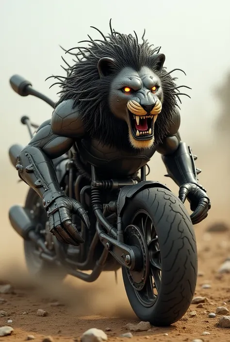 "A fierce and dangerous hybrid combining the raw power of a war lion with the aggressive design of a motorbike. The lion’s muscular body is covered in armored plating, resembling the sleek metal frame of a motorcycle, with exhaust pipes jutting out from it...