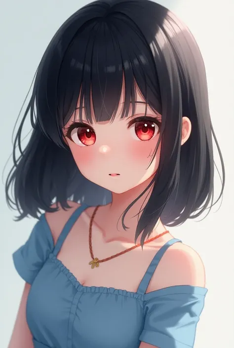 1girl, Anime, , , baby, , Black Hair, shoulder length hair, Red Eyes, cute blue dress , Accurate, Super Detailed, 