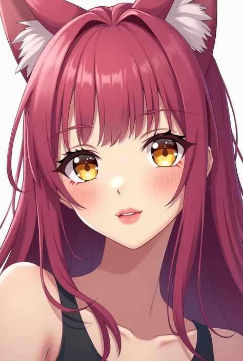  woman with light skin, small freckles, long, light yellow eyes. long magenta hair with bang. fox pink ears. thin, nice smile. eyes lightly lined like a fox. pink blush. lips with wine-colored lip ink. boku no hero style. anime