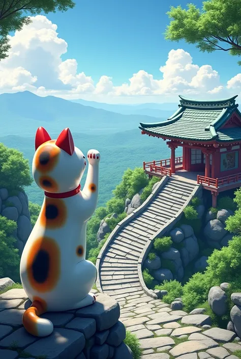  The view from the shrine on top of a small mountain is spectacular、Superb view over the back of a maneki-neko overlooking the stone stairs 