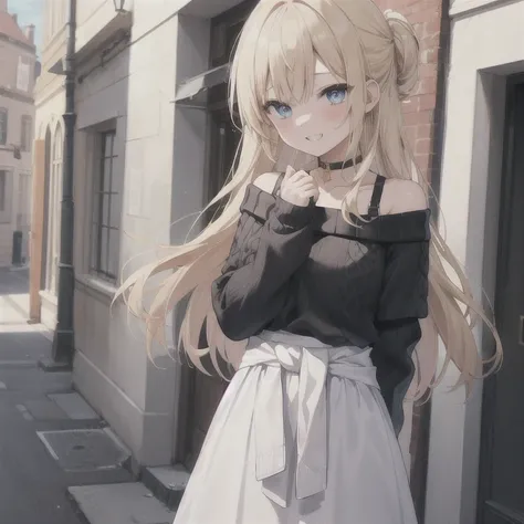  1 girl, solo,Blonde, Long Hair, Straight Hair,  Medium Chest ,(Black sweater:1.4),((( off-shoulder sweater that bends from the waist))),The perfect sweater,(White Skirt), long skirt, High Waist Skirt, choker,Shoulder straps,Droopy eyes,  blue eyes, open y...