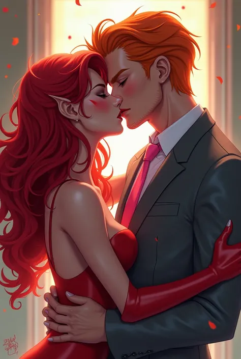 red-haired demon woman, kissing orange-haired man, pink tie and gray suit, anime style 