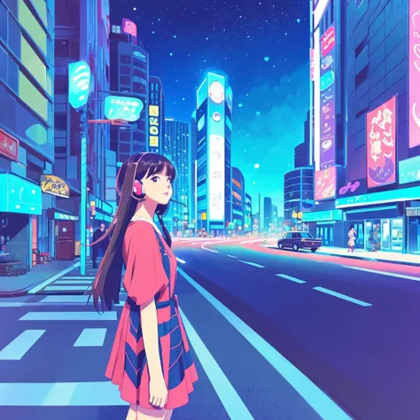  one girl standing in the city、 listening to music 、(((Anime style、 city pop、Illustration style)))