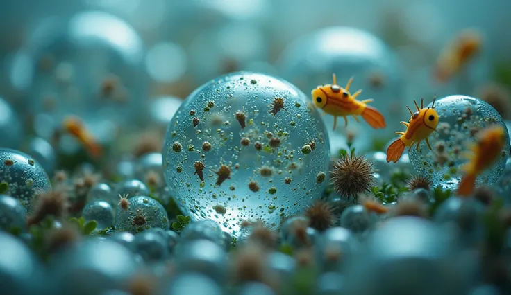 Show a magnified view of water droplets teeming with tiny organisms