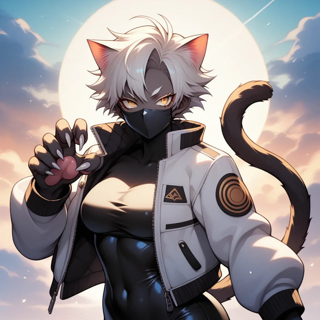 score_9, score_8_up, score_7_up, source_anime, solo, Nekomata, from Shin Megami Tensei. stone steps with a view of the sea, yellow cat eyes, black mask, cat tail and very short white fur jacket, tight all-over black tights under short white fur jacket, cat...