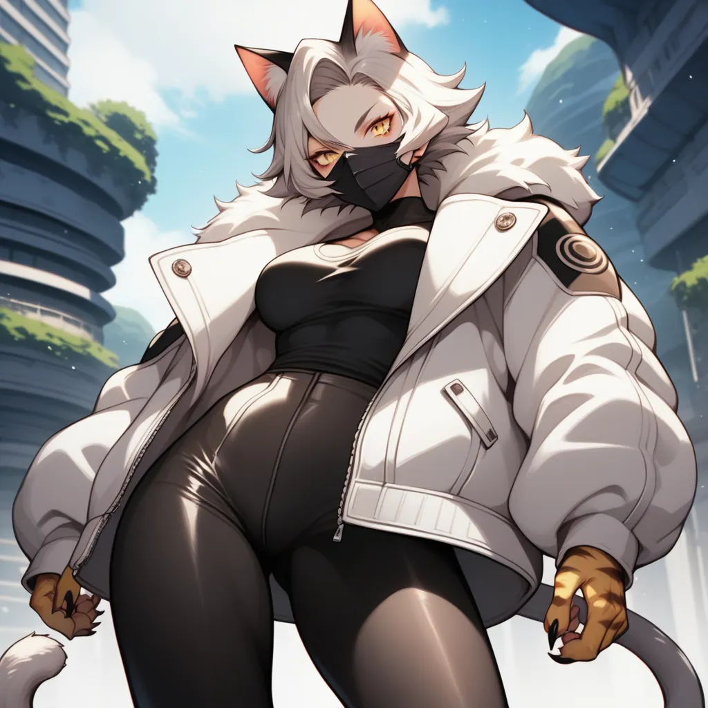 score_9, score_8_up, score_7_up, source_anime, solo, Nekomata, from Shin Megami Tensei. stone steps with a view of the sea, yellow cat eyes, black mask, cat tail and very short white fur jacket, tight all-over black tights under short white fur jacket, cat...