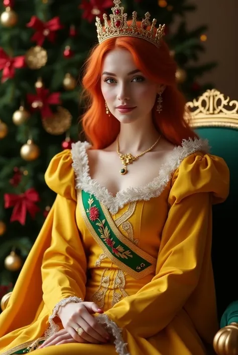 Create a 18 age Christmas royal queen sitting in a golden chair wearing royal yellow with silk red and green with silk white and with crown with bodycon. And beautiful her skin white her hair is orange color