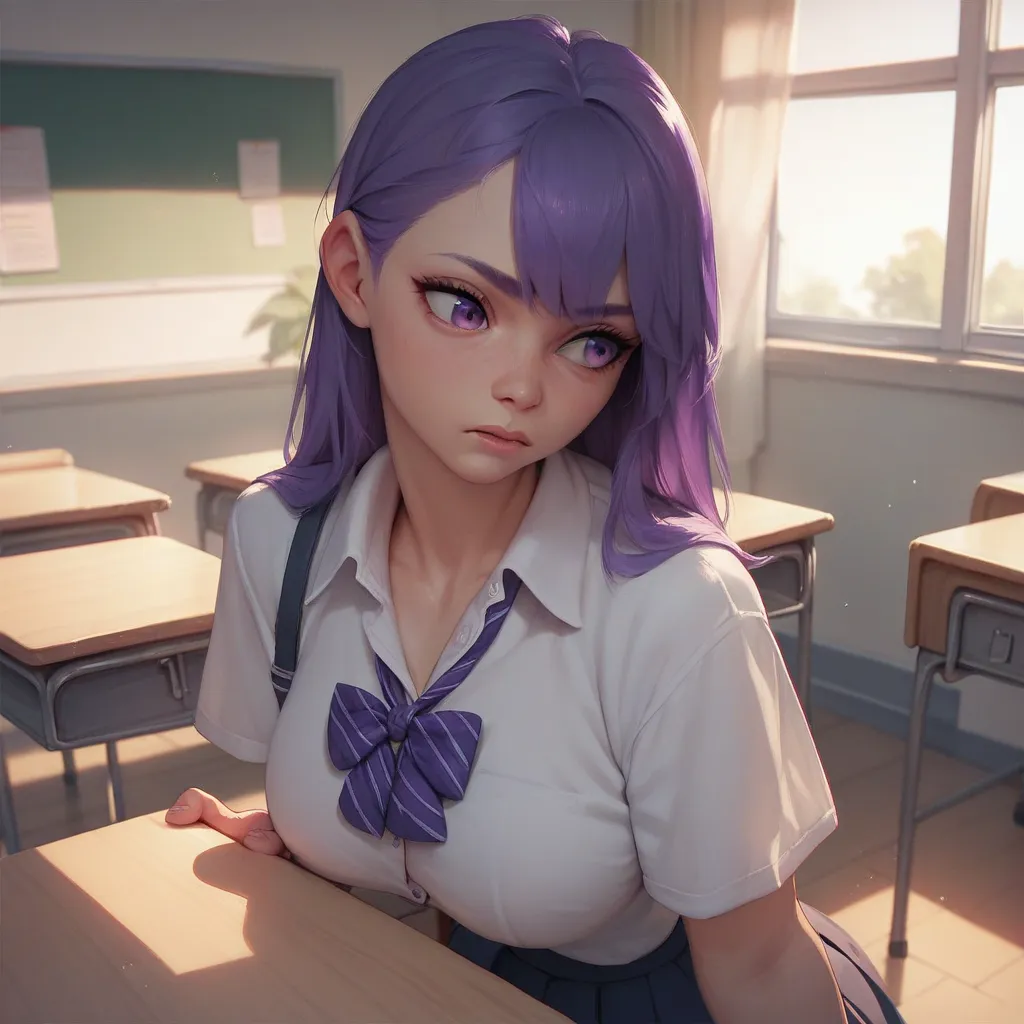 huge tits, inside a school,  purple hair, purple eyes,