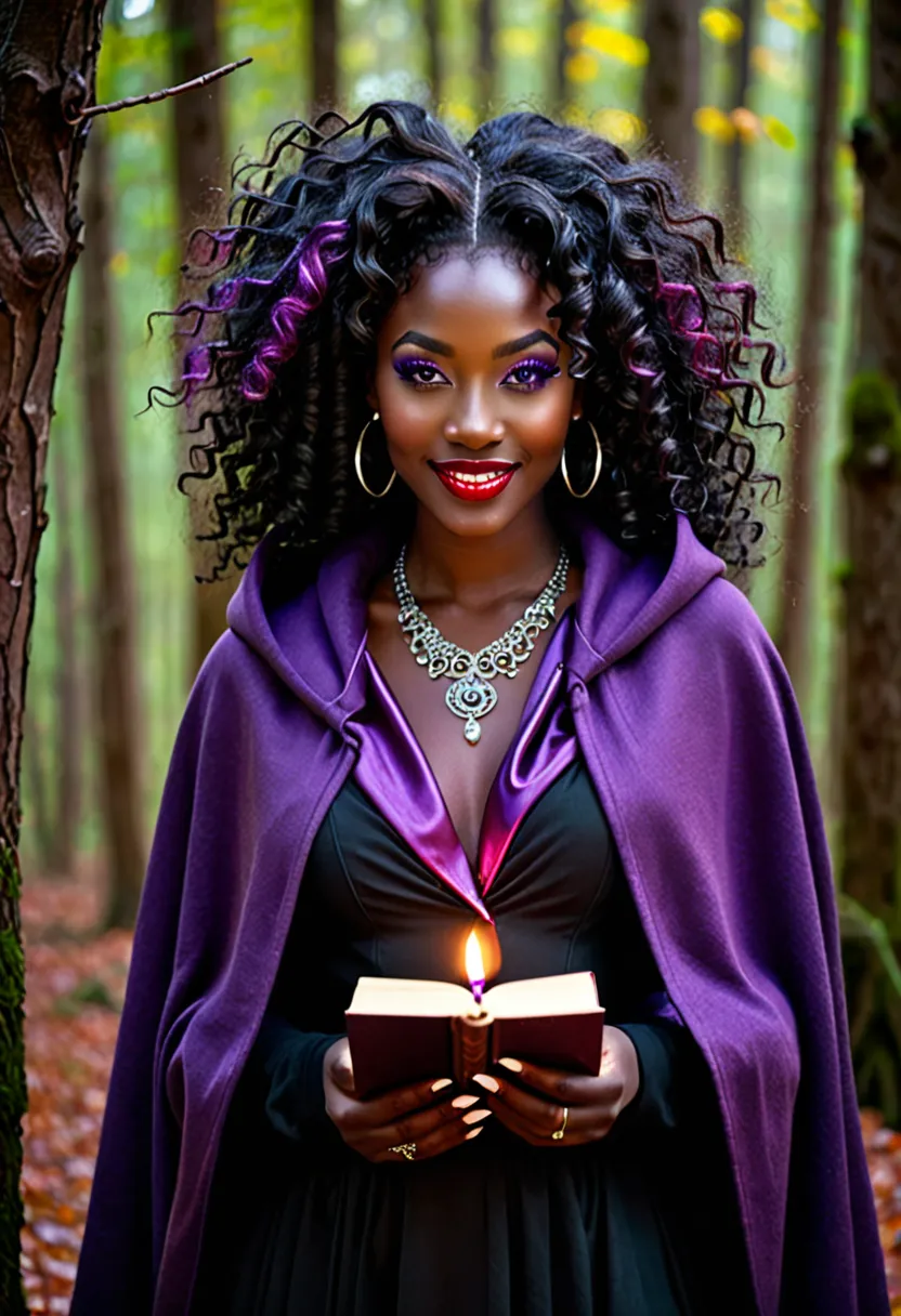 witch, extremely attractive woman, dark black skin, african ethnicity,  wearing a black dress with colorful details,  voluminous...