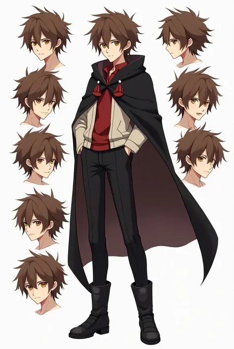 character sheet, male anime, character, fluffy brown hair, amber/yellowish eyes, young adult, dark red collared shirt, white undershirt, black pants, black boots, black cloak that also wraps around neck, multiple headshots of character around main image