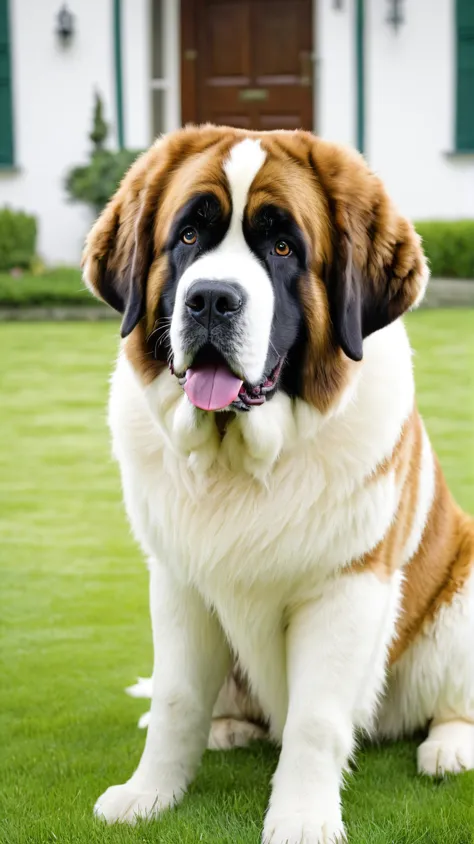 lawn,large garden,dog,st. bernard,  hi-res, 最高quality, accurate, 高quality, quality,    very detailed,