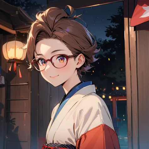     High Definition, masterpiece, Awards, Best Quality ,1 person,   ambition    ,  see here,Brown Hair,23 years old,Glasses,Introvert, moonlight,Shrine at night,  Japanese Fantasy,  short hair,   short perm, Japanese clothing,happiness/joy, 