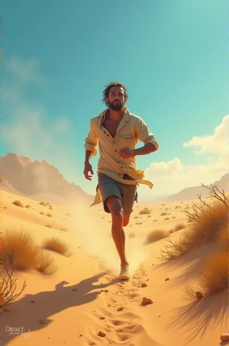 A person in the desert is running to water