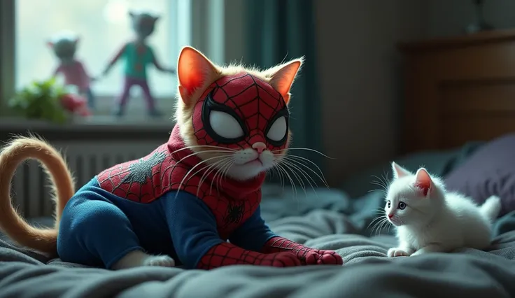 A cat wearing spider Man uniform wake up with a white cute kitty suddenly wake up and move neck and seeing zombies in the room near by window 