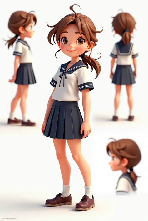 make me a visual presentation a girl with uniform animated with different angle in front view, side view and back view 