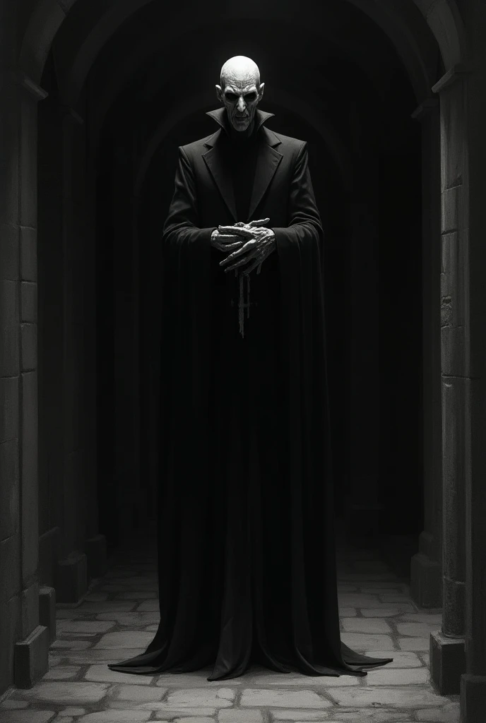 Nasferatu style vampire, standing menacingly at the end of a dark hallway in a castle, charcoal drawing, Hands folded, standing straight, mostly in shadow