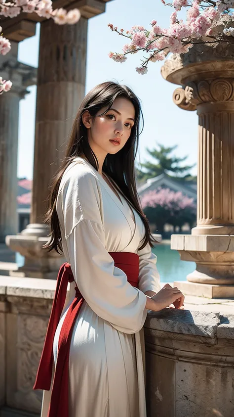 (((ultra realistic))) Photo, masterpiece, Hyperrealistic image of a young woman with long dark hair, wearing an outfit inspired by ancient Roman attire mixed with traditional Japanese details, exploring a grand Roman temple with columns and marble statues....