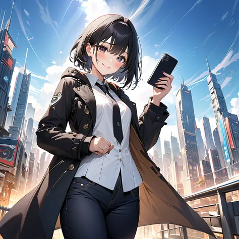 ((32K)), ((Best Quality)), (( ultra high resolution )), (( Hi-Res)), ((超 Hi-Res)), (( very detailed CG)), ((unity 32K wallpaper)), (masterpiece, Best Quality),( 1 girl)、 beautiful dark eyes 、(Short black hair:1.2),smile、blush、Small breasts、black mods coat ...