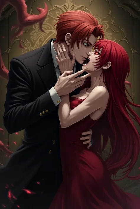 Reigen Arataka biting neck of red-haired demon woman