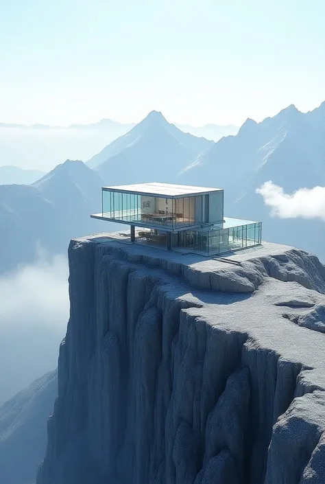 Build a transparent house on the top of a mountain with a spectacular view