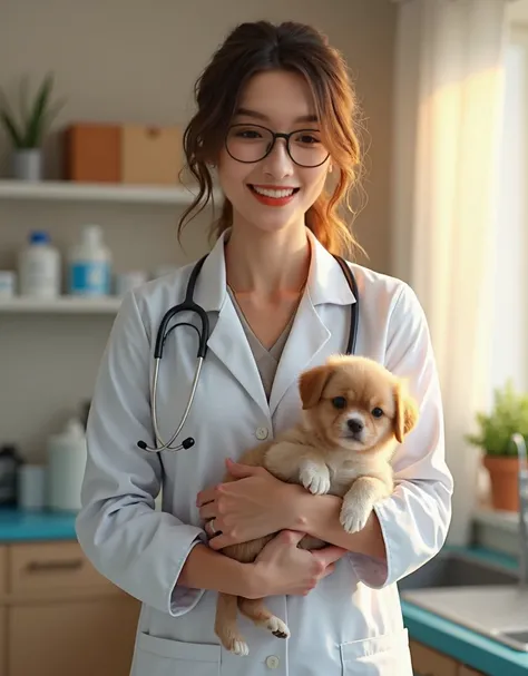 a veterinarian woman in her 30s, wearing a white lab coat with a stethoscope around her neck, standing in a warmly lit veterinary clinic. She holds a small animal, like a puppy or kitten, in her arms with a compassionate expression, suggesting gentle care ...